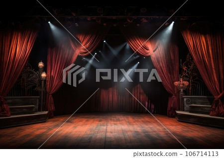 Empty scary stage with red curtains decorate with halloween theme. copy space. Generative AI 106714113