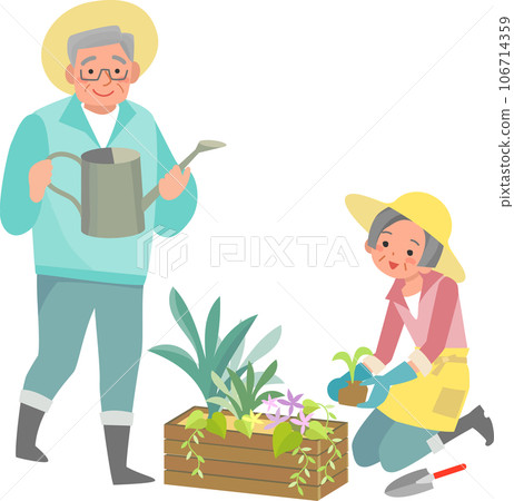 Smiling senior couple enjoying gardening 106714359