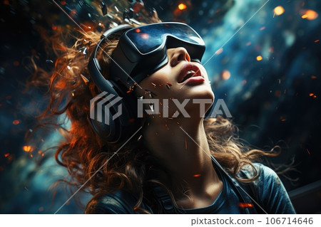 Girl wearing virtual reality headset. VR goggles innovation technology. Generative AI 106714646