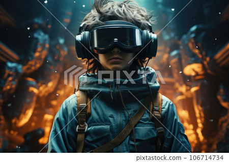 Boy wearing virtual reality headset. VR goggles innovation technology. Generative AI 106714734