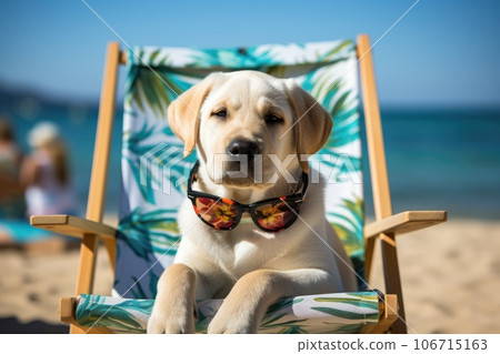 Labrador dog wearing sunglasses on the beach. Generative AI 106715163
