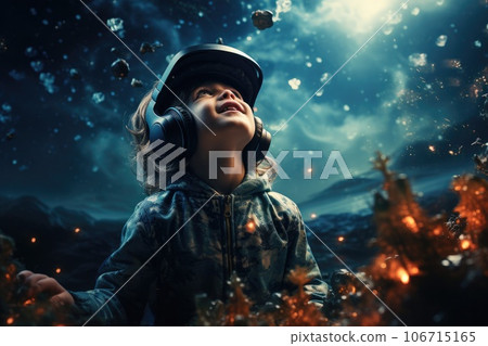 Boy wearing virtual reality headset. VR goggles innovation technology. Generative AI 106715165
