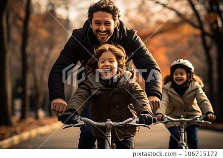 Father and mother and children wearing helmet riding bike together. Generative AI 106715172