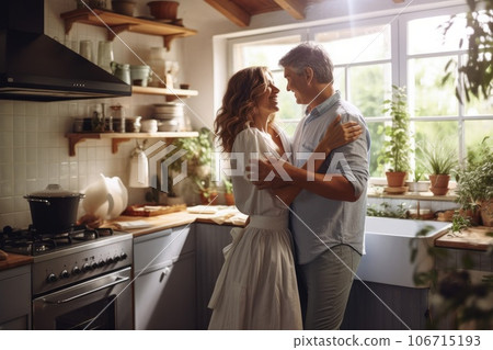 Husband and wife dancing at kitchen room at home. Generative AI 106715193