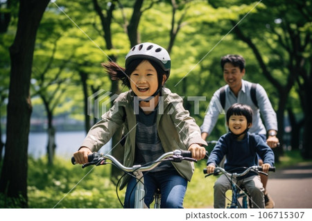 Father and mother and children wearing helmet riding bike together. Generative AI 106715307