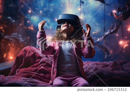 Girl wearing virtual reality headset. VR goggles innovation technology. Generative AI 106715312