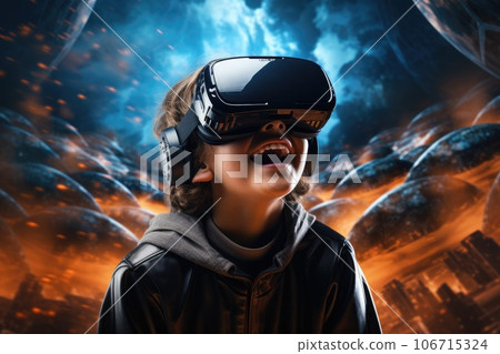 Boy wearing virtual reality headset. VR goggles innovation technology. Generative AI 106715324