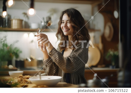 Woman cooking at kitchen room. Generative AI Woman cooking at kitchen room. Generative AI 106715522