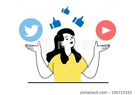 Social media marketing concept with people scene in flat web design. Woman making new posts at different sites and collects likes. Vector illustration for social media banner, marketing material. Social media marketing concept with people scene in flat web design. Woman making new posts at different sites and collects likes. Vector illustration for social media banner, marketing material. 106715583