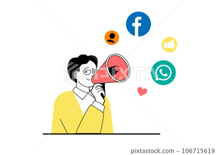 Social media marketing concept with people scene in flat web design. Man with megaphone makes promotion and advertisement campaign. Vector illustration for social media banner, marketing material. Social media marketing concept with people scene in flat web design. Man with megaphone makes promotion and advertisement campaign. Vector illustration for social media banner, marketing material. 106715619