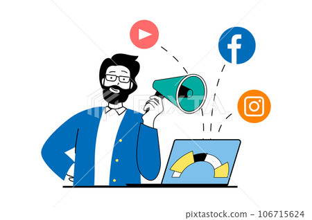 Social media marketing concept with people scene in flat web design. Man with megaphone making promotion of blog and data analysis. Vector illustration for social media banner, marketing material. Social media marketing concept with people scene in flat web design. Man with megaphone making promotion of blog and data analysis. Vector illustration for social media banner, marketing material. 106715624