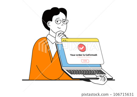 Shopping concept with people scene in flat web design. Man making purchases and getting order confirmed, paying online, using delivery. Vector illustration for social media banner, marketing material. Shopping concept with people scene in flat web design. Man making purchases and getting order confirmed, paying online, using delivery. Vector illustration for social media banner, marketing material. 106715631