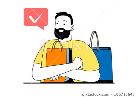 Shopping concept with people scene in flat web design. Man with bag making purchases at sale and ordering new goods at online store. Vector illustration for social media banner, marketing material. 106715645