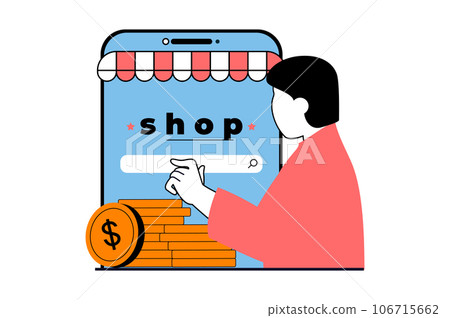 Shopping concept with people scene in flat web design. Man searching new products and making purchases with discount at internat store. Vector illustration for social media banner, marketing material. Shopping concept with people scene in flat web design. Man searching new products and making purchases with discount at internat store. Vector illustration for social media banner, marketing material. 106715662