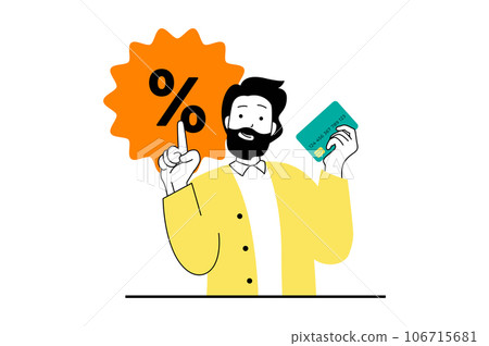 Shopping concept with people scene in flat web design. Man making online purchases, getting discount prices and paying by credit card. Vector illustration for social media banner, marketing material. Shopping concept with people scene in flat web design. Man making online purchases, getting discount prices and paying by credit card. Vector illustration for social media banner, marketing material. 106715681