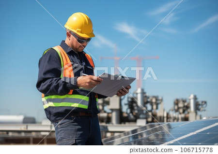 Engineer technician working with solar cell panel. Renewable. Generative AI 106715778