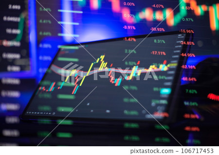 Technical price graph and indicator, red and green candlestick chart on blue theme screen, market volatility 106717453