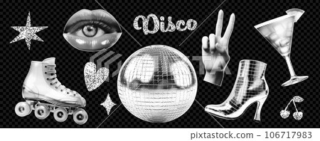Disco-themed collage kit. Bright retro 80s elements. For rollerdrome party with cocktails and music. Vector illustration in the style of points. . Vector illustration. Disco-themed collage kit. Bright retro 80s elements. For rollerdrome party with cocktails and music. Vector illustration in the style of points. . Vector illustration. 106717983