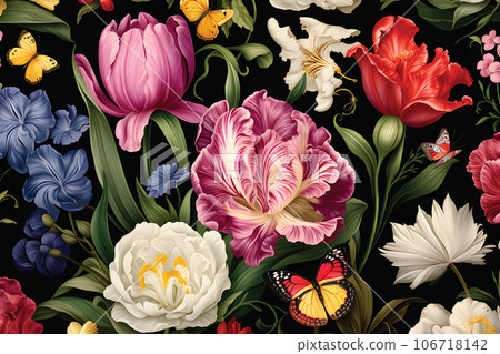 Floral seamless pattern beautiful garden flowers and butterflies background.GenerativeAI. 106718142