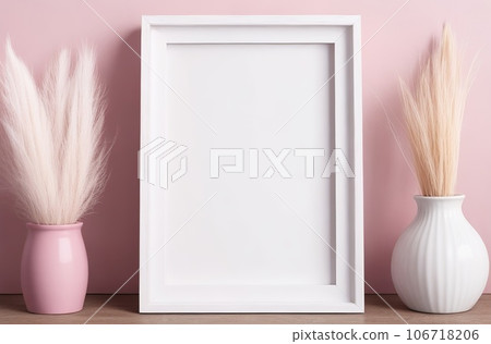 Vintage Bunny Tail Grass Frame Mockup on White Wooden Table for Creative Presentations. Generative AI. 106718206