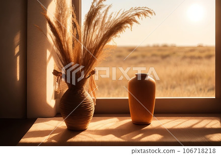 Boho Minimalist Decor: Sunset Vase with Dried Rabbit Tail Grass and Wall Shadows. Generative AI. 106718218