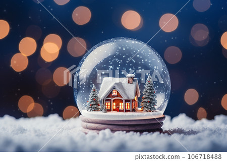 a house and white snow-covered trees on a snowy winter background in a small ball of glass. a house and white snow-covered trees on a snowy winter background in a small ball of glass. 106718488