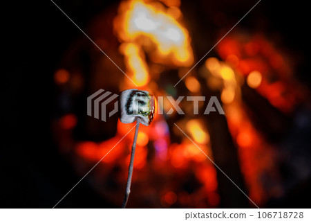 Marshmallows with Halloween pictures over fire. Funny leisure on traditional spooky holiday for children and families. Marshmallows with Halloween pictures over fire. Funny leisure on traditional spooky holiday for children and families. 106718728