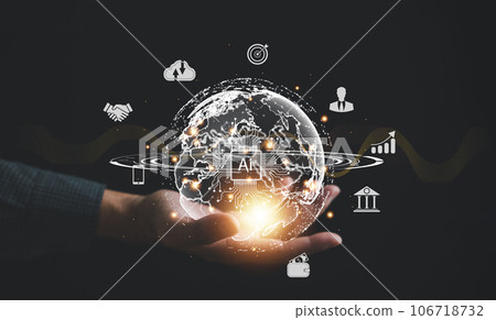 Data-driven Global Business, A businessman holds a globe, symbolizing integration of technology and analytics in international market. Big data fuels business intelligence and economic growth. 106718732