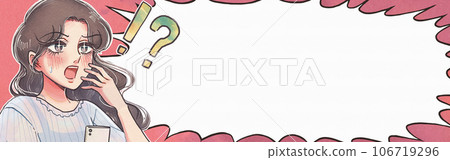 一位驚訝的家庭主婦拿著智能手機和鋸齒狀的語音氣泡橫幅 一位驚訝的家庭主婦拿著智能手機和鋸齒狀的語音氣泡橫幅 106719296