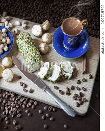 Sweets on the background of coffee on the table 106719703