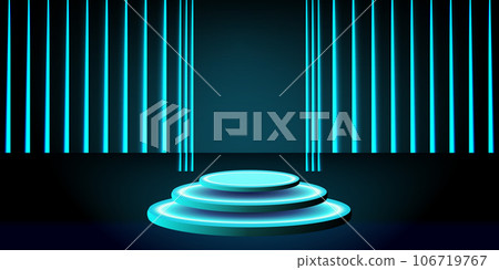 Catwalk or pedestal in full black for product display, photo luxurious, elegant, dark in low light for men, cosmetic LED neon Catwalk or pedestal in full black for product display, photo luxurious, elegant, dark in low light for men, cosmetic LED neon 106719767