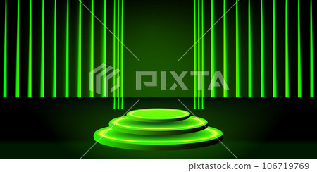 Catwalk or pedestal in full black for product display, photo luxurious, elegant, dark in low light for men, cosmetic LED neon 106719769