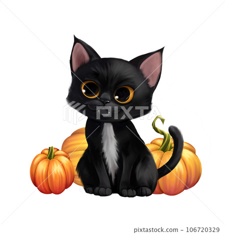Cute cat sitting with pumpkins, illustration isolated on white. 106720329