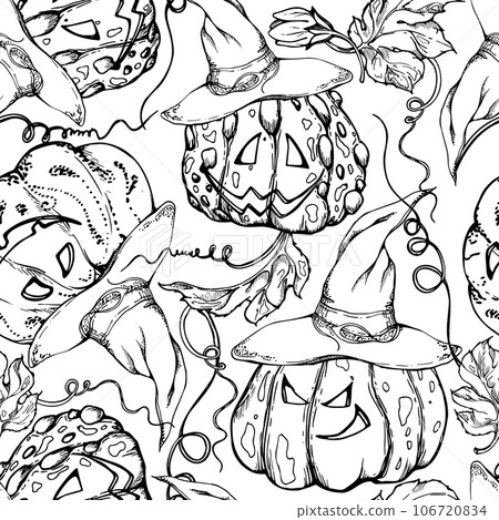 Hand drawn ink vector carved evil face pumpkins and leaves in witch pointy hats. Illustration art Halloween occult party witchcraft. Seamless pattern. Design shops, logo, print, website, card, booklet Hand drawn ink vector carved evil face pumpkins and leaves in witch pointy hats. Illustration art Halloween occult party witchcraft. Seamless pattern. Design shops, logo, print, website, card, booklet 106720834