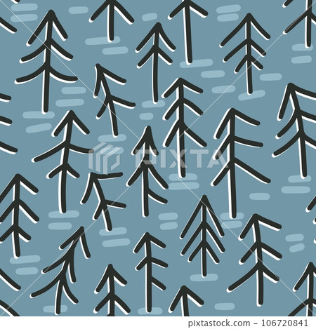 Hand drawn blue winter pine tree conifer forest seamless pattern. Wood woodland landscape scenery tourism, pine fir conifer tree background, outdoor season snow snowfall. Kids children nursery art. Hand drawn blue winter pine tree conifer forest seamless pattern. Wood woodland landscape scenery tourism, pine fir conifer tree background, outdoor season snow snowfall. Kids children nursery art. 106720841