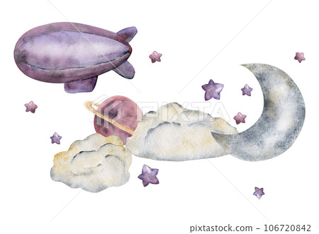 Watercolor hand drawn illustration, magical cosmos universe. Airship balloon, moon and stars, planet, clouds. Composition Isolated on white background. For kids, children bedroom, fabric, linens print Watercolor hand drawn illustration, magical cosmos universe. Airship balloon, moon and stars, planet, clouds. Composition Isolated on white background. For kids, children bedroom, fabric, linens print 106720842