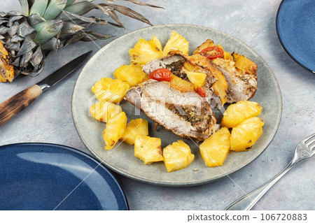 Meat baked with pineapple, Cuban food. Meat baked with pineapple, Cuban food. 106720883