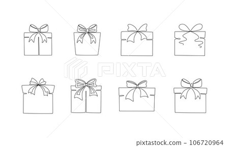 Gift boxes with bows hand drawing single line. Vector stock illustration isolated on background for design template Christmas, wedding or birthday banner, invitation, greeting card. Editable stroke. 106720964