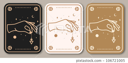 Esoteric symbols poster, banner. Vector. Thin line geometric badge. Outline icon for alchemy or sacred geometry. Mystic and magic design with hand, stars, planets and moon. Esoteric symbols poster, banner. Vector. Thin line geometric badge. Outline icon for alchemy or sacred geometry. Mystic and magic design with hand, stars, planets and moon. 106721005