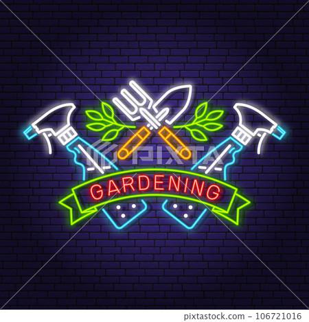 Lawn and Gardening services neon emblem, label, badge, logo. Vector illustration. Colorful neon light design with hand garden trowel, farming fork, sprayer, gardening equipment. 106721016