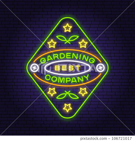Gardening company neon emblem, label, badge, logo on chalkboard. Vector illustration. Colorful neon light design with garden seedlings . Monochrome style. 106721017