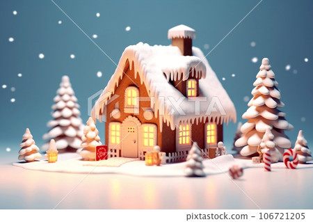 Gingerbread house and pine tree  on winter night while snow falling, Christmas concept 3D illustration. Generative AI 106721205