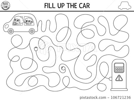 Transportation black and white maze for kids with electric auto, driver, passenger. Ecological transport line preschool printable activity. Eco labyrinth game, puzzle, coloring page. Fill up electro 106721236