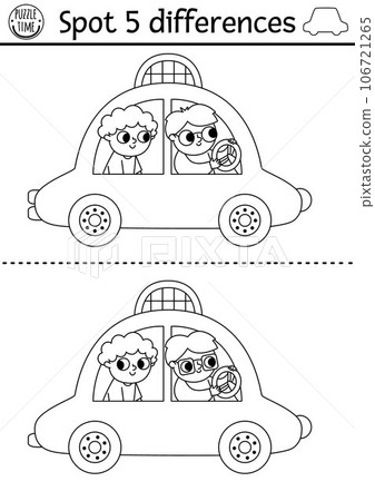 Find differences game for children. Transportation line educational black and white activity with taxi cab, passenger, driver. Cute puzzle for kids with transport. Printable worksheet, coloring page 106721265