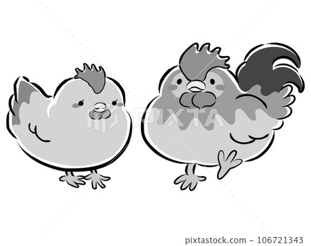 Illustration of a pair of Nagoya Cochin (chickens) (male and female) black and white Illustration of a pair of Nagoya Cochin (chickens) (male and female) black and white 106721343