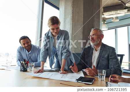 Team of business investors is discussing a new project in modern office. Concept of financing 106721395