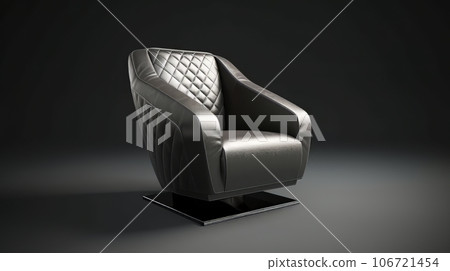 A modern chair made of black leather on a metal platform is highlighted on a black background 106721454