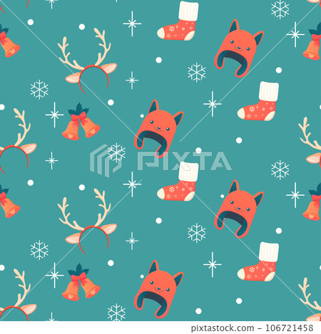 Seamless pattern, winter accessories, hat, socks, antlers, bells 106721458