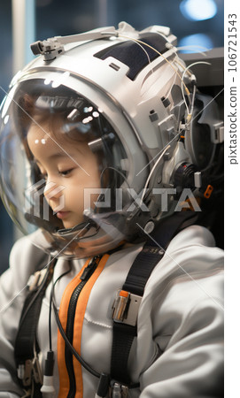 Cute child astronaut in spacesuit and helmet. Futuristic kid spacewalk and cosmic travel adventure in space. AI generative 106721543
