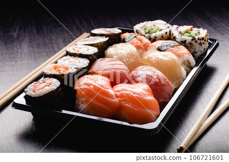 Sushi to go concept. Takeaway box Sushi to go concept. Takeaway box 106721601